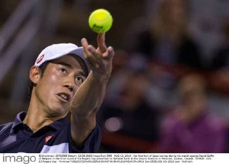 AUG 13, 2015 : Kei Nishikori of Japan serves during his match against David Goffin of Belgium in the third round of the Rogers Cup presented by National Bank at the Uniprix Stadium in Montreal, Quebec, Canada. TENNIS: AUG 13 Rogers Cup - Montreal Icon15081381 EDITORIAL USE ONLY