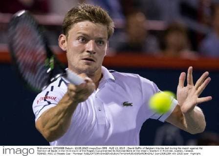 AUG 13, 2015 : David Goffin of Belgium hits the ball during his match against Kei Nishikori of Japan in the third round of the Rogers Cup presented by National Bank at the Uniprix Stadium in Montreal, Quebec, Canada. TENNIS: AUG 13 Rogers Cup - Montreal Icon15081384 EDITORIAL USE ONLY