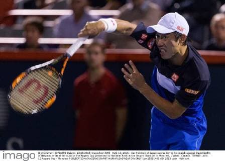 AUG 13, 2015 : Kei Nishikori of Japan serves during his match against David Goffin of Belgium in the third round of the Rogers Cup presented by National Bank at the Uniprix Stadium in Montreal, Quebec, Canada. TENNIS: AUG 13 Rogers Cup - Montreal Icon15081488 EDITORIAL USE ONLY