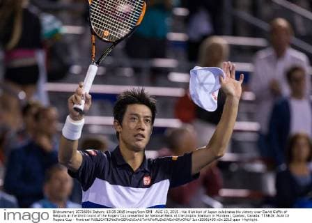 AUG 13, 2015 : Kei Nishikori of Japan celebrates his victory over David Goffin of Belgium in the third round of the Rogers Cup presented by National Bank at the Uniprix Stadium in Montreal, Quebec, Canada. TENNIS: AUG 13 Rogers Cup - Montreal Icon15081490 EDITORIAL USE ONLY