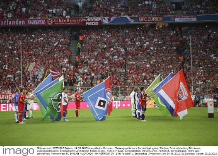 Choreographie zum Bundesligabeginn, Stadion, Fussballstadion, Tribuenen, Zuschauertribuene, Innenansicht, Architektur Rasen, innen , Fahne, Flagge, Vereinsfarben, Vereinsfahne, Fanfahne, Vereinsflagge, Fanflagge, schwenken, Fahnenmeer FC BAYERN MUENCHEN - HAMBURGER SV (5-0) Fussball 1. Bundesliga , Muenchen, am 14.08.2015, 01.Spieltag, Saison 2015 2016, 1.Liga, 1.Bundesliga, FCB, HSV