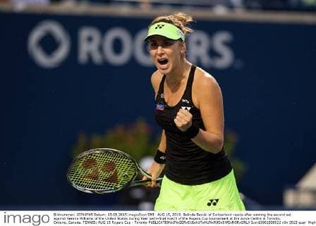 AUG 15, 2015: Belinda Bencic of Switzerland reacts after winning the second set against Serena Williams of the United States during their semi-final match of the Rogers Cup tournament at the Aviva Centre in Toronto, Ontario, Canada. TENNIS: AUG 15 Rogers Cup - Toronto Icon15081506522 EDITORIAL USE ONLY