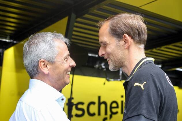 Thomas Tuchel - Stationen als Trainer, Borussia Dortmund 2015 - 2017 Dortmund Trainer Thomas Tuchel (Borussia Dortmund) und Trainer Lucien Favre (Borussia Moenchengladbach) Borussia Dortmund vs Borussia Moenchengladbach, Fussball, 1. Bundesliga, 15.08.2015, Copyright: Schueler Eibner-Pressefoto EP_JSE