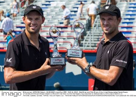 AUG 16, 2015 : Bob Bryan and Mike Bryan of the United States defeat Daniel Nestor of Canada and Edouard Roger-Vasselin of France in the final round of the Rogers Cup presented by National Bank at the Uniprix Stadium in Montreal, Quebec, Canada. TENNIS: AUG 16 Rogers Cup - Montreal Icon15081618 EDITORIAL USE ONLY