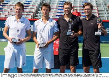 AUG 16, 2015 : Bob Bryan and Mike Bryan of the United States defeat Daniel Nestor of Canada and Edouard Roger-Vasselin of France in the final round of the Rogers Cup presented by National Bank at the Uniprix Stadium in Montreal, Quebec, Canada. TENNIS: AUG 16 Rogers Cup - Montreal Icon15081619 EDITORIAL USE ONLY