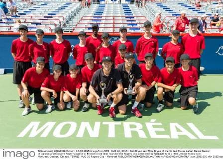 AUG 16, 2015 : Bob Bryan and Mike Bryan of the United States defeat Daniel Nestor of Canada and Edouard Roger-Vasselin of France in the final round of the Rogers Cup presented by National Bank at the Uniprix Stadium in Montreal, Quebec, Canada. TENNIS: AUG 16 Rogers Cup - Montreal Icon15081620 EDITORIAL USE ONLY
