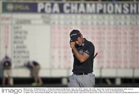 Aug. 16, 2015 - Haven, WI, USA - Jason Day is overcome with emotion after sinking his final putt on the 18th hole during the final round of the PGA Golf Herren Championship on Sunday, Aug. 16, 2015, at Whistling Straits in Haven, Wis. He finished 20 under par. Jason Day outduels Jordan Spieth, gets record breaking win at PGA Championship - ZUMAm67_
