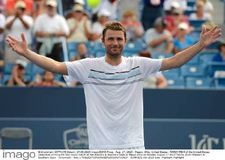 Aug. 17, 2015 - Mason, Ohio, United States - MARDY FISH of the United States celebrates winning his first round match at the Western & Southern Open in Mason Ohio on Monday August 17 2015 Tennis 2015 -Western & Southern Open - Cincinnatti - Day 1 - ZUMAl132