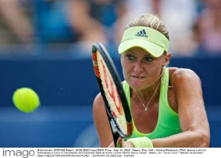 Aug. 19, 2015 - Mason, Ohio, USA - Kristina Mladenovic (FRA) returns a shot in Wednesday s round of the Western and Southern Open at at the Lindner Family Tennis Center , Mason, Oh. Tennis 2015 - Western & Southern Open - ZUMAs304