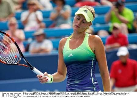Aug. 19, 2015 - Mason, Ohio, USA - Kristina Mladenovic (FRA) reacts after losing a point in Wednesday s round of the Western and Southern Open at at the Lindner Family Tennis Center , Mason, Oh. Tennis 2015 - Western & Southern Open - ZUMAs304