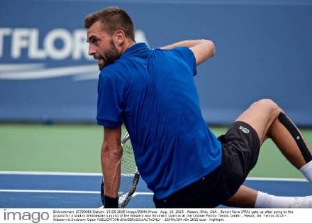 Aug. 19, 2015 - Mason, Ohio, USA - Benoit Paire (FRA) gets up after going to the ground for a shot in Wednesday s round of the Western and Southern Open at at the Lindner Family Tennis Center , Mason, Oh. Tennis 2015 - Western & Southern Open - ZUMAs304