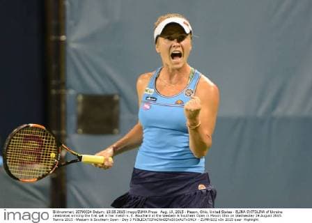 Aug. 19, 2015 - Mason, Ohio, United States - ELINA SVITOLINA of Ukraine celebrates winning the first set in her match v. E. Bouchard at the Western & Southern Open in Mason Ohio on Wednesday 19 August 2015 Tennis 2015 -Western & Southern Open - Day 3 - ZUMAl132