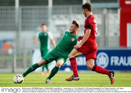 Leverkusen v.l. Tom Zündorf ( 4, Fortuna Duesseldorf) mit Tristan Duschke ( 15, Bayer Leverkusen) Bayer 04 Leverkusen U19 - Fortuna Duesseldorf U19, Fußball, A-Junioren-Bundesliga-West, 2. Spieltag,19.08.2015 Copyright: Deutzmannx xEibner-Pressefoto EP_cdn
