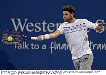 Aug. 19, 2015 - Mason, Ohio, USA - Mardy Fish (USA) hits a forehand shot during Wednesday s round of the Western and Southern Open at at the Lindner Family Tennis Center , Mason, Oh. Tennis 2015 - Western & Southern Open - ZUMAs304