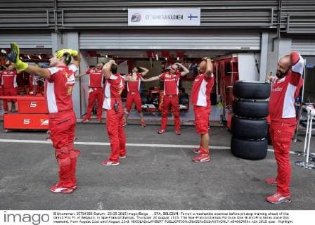- SPA, BELGIUM: Ferrari s mechanics exercise before pit stop training ahead of the Grand Prix F1 of Belgium, in Spa-Francorchamps, Thursday 20 August 2015. The Spa-Francorchamps Formula One Grand Prix takes place this weekend, from August 21st until August 23rd. NICOLASxLAMBERT  x04683488x