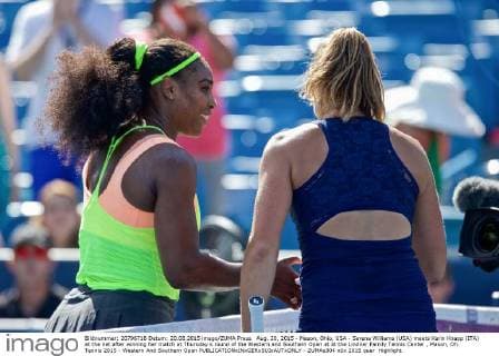 Aug. 20, 2015 - Mason, Ohio, USA - Serena Williams (USA) meets Karin Knapp (ITA) at the net after winning her match at Thursday s round of the Western and Southern Open at at the Lindner Family Tennis Center , Mason, Oh. Tennis 2015 - Western And Southern Open - ZUMAs304