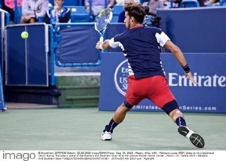 Aug. 20, 2015 - Mason, Ohio, USA - Feliciano Lopez (ESP) slides to hit a backhand return during Thursday s round of the Western and Southern Open at at the Lindner Family Tennis Center , Mason, Oh. Tennis 2015 - Western And Southern Open - ZUMAs304