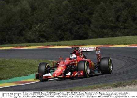 - SPA, BELGIUM: German Sebastian Vettel of Scuderia Ferrari pictured in action during a practice session at the Grand Prix F1 of Belgium, in Spa-Francorchamps, Friday 21 August 2015. The Spa-Francorchamps Formula One Grand Prix takes place this weekend, from August 21st until August 23rd. NICOLASxLAMBERT  x04683892x