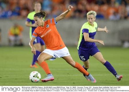 Aug. 21, 2015 - Houston, Texas, U.S - Houston Dash midfielder Carli Lloyd (10) controls the ball in front of Seattle Reign forward Megan Rapinoe (15) during the first half of an NWSL game between the Houston Dash and the Seattle Reign at BBVA Compass Stadium in Houston, TX on August 21st, 2015. NWSL 2015 - Houston Dash vs Seattle Reign - ZUMAs127