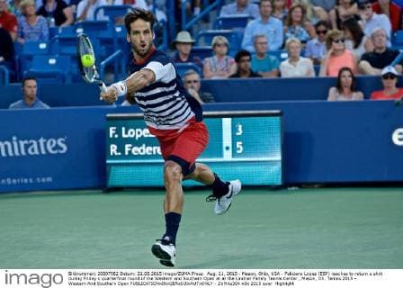 Aug. 21, 2015 - Mason, Ohio, USA - Feliciano Lopez (ESP) reaches to return a shot during Friday s quarterfinal round of the Western and Southern Open at at the Lindner Family Tennis Center , Mason, Oh. Tennis 2015 - Western And Southern Open - ZUMAs304