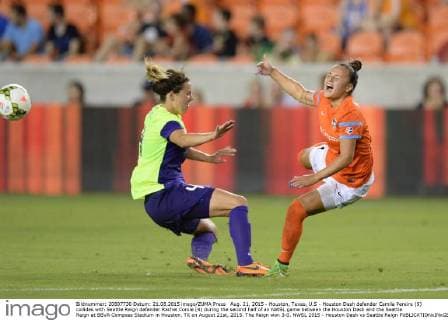 Aug. 21, 2015 - Houston, Texas, U.S - Houston Dash defender Camila Pereira (9) collides with Seattle Reign defender Rachel Corsie (4) during the second half of an NWSL game between the Houston Dash and the Seattle Reign at BBVA Compass Stadium in Houston, TX on August 21st, 2015. The Reign won 3-0. NWSL 2015 - Houston Dash vs Seattle Reign - ZUMAs127