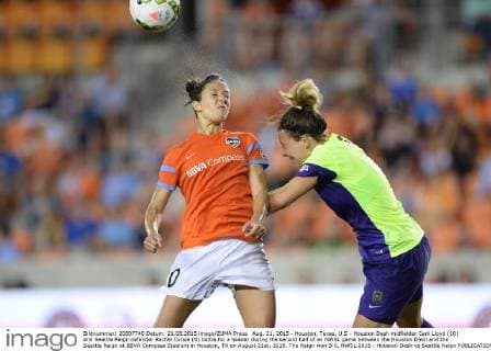 Aug. 21, 2015 - Houston, Texas, U.S - Houston Dash midfielder Carli Lloyd (10) and Seattle Reign defender Rachel Corsie (4) battle for a header during the second half of an NWSL game between the Houston Dash and the Seattle Reign at BBVA Compass Stadium in Houston, TX on August 21st, 2015. The Reign won 3-0. NWSL 2015 - Houston Dash vs Seattle Reign - ZUMAs127