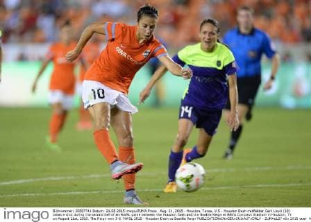 Aug. 21, 2015 - Houston, Texas, U.S - Houston Dash midfielder Carli Lloyd (10) takes a shot during the second half of an NWSL game between the Houston Dash and the Seattle Reign at BBVA Compass Stadium in Houston, TX on August 21st, 2015. The Reign won 3-0. NWSL 2015 - Houston Dash vs Seattle Reign - ZUMAs127