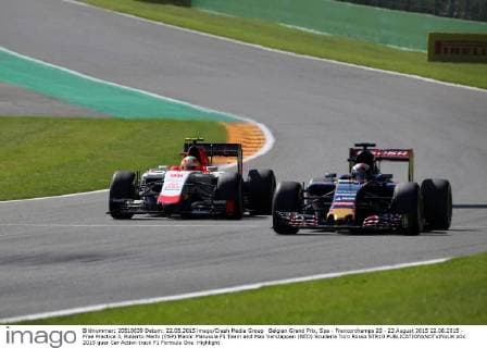 Belgian Grand Prix, Spa - Francorchamps 20 - 23 August 2015 22.08.2015 - Free Practice 3, Roberto Merhi (ESP) Manor Marussia F1 Team and Max Verstappen (NED) Scuderia Toro Rosso STR10 