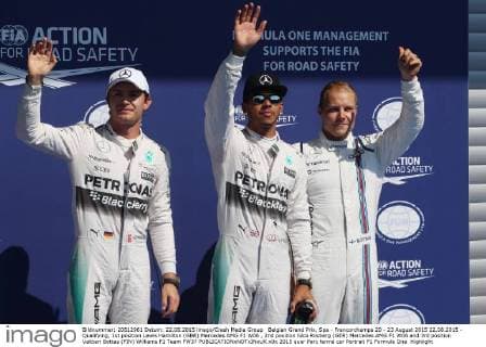 Belgian Grand Prix, Spa - Francorchamps 20 - 23 August 2015 22.08.2015 - Qualifying, 1st position Lewis Hamilton (GBR) Mercedes AMG F1 W06 , 2nd position Nico Rosberg (GER) Mercedes AMG F1 W06 and 3rd position Valtteri Bottas (FIN) Williams F1 Team FW37 