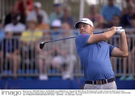 August 22, 2015: Byron Smith tees off on hole 1 during the third round of the 2015 Wyndham Championship at Sedgefield Country Club in Greensboro, NC. PJ Ward-Brown CSM PGA Golf Herren Golf: 2015 Wyndham Championship day 3 - ZUMAc04_