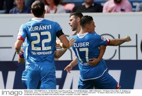 Fußball Bundesliga: 1899 Hoffenheim - FC Bayern Muenchen, 2. Spieltag am 22.08.2015, xmdx, 1-0 durch Kevin VOLLAND (31, 1899 Hoffenheim), torjubel 1899 Hoffenheim - FC Bayern Muenchen