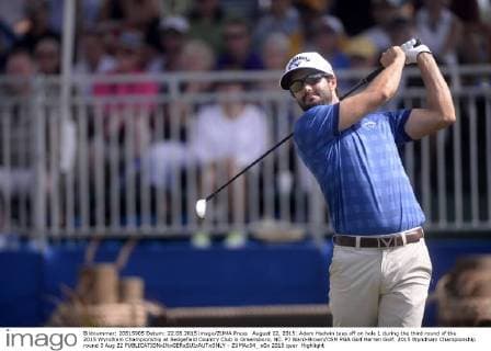 August 22, 2015: Adam Hadwin tees off on hole 1 during the third round of the 2015 Wyndham Championship at Sedgefield Country Club in Greensboro, NC. PJ Ward-Brown CSM PGA Golf Herren Golf: 2015 Wyndham Championship round 3 Aug 22 - ZUMAc04_