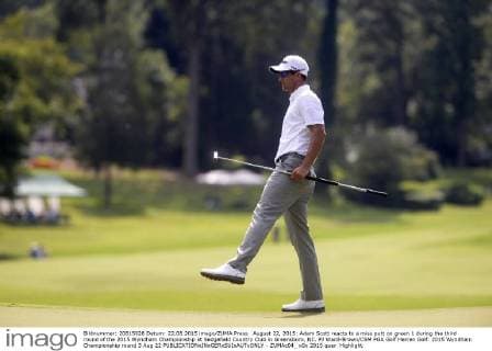 August 22, 2015: Adam Scott reacts to a miss putt on green 1 during the third round of the 2015 Wyndham Championship at Sedgefield Country Club in Greensboro, NC. PJ Ward-Brown CSM PGA Golf Herren Golf: 2015 Wyndham Championship round 3 Aug 22 - ZUMAc04_