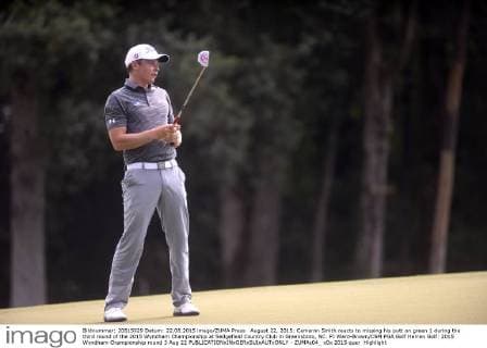 August 22, 2015: Cameron Smith reacts to missing his putt on green 1 during the third round of the 2015 Wyndham Championship at Sedgefield Country Club in Greensboro, NC. PJ Ward-Brown CSM PGA Golf Herren Golf: 2015 Wyndham Championship round 3 Aug 22 - ZUMAc04_