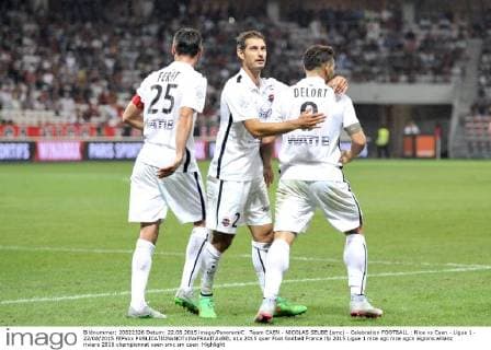 Team CAEN - NICOLAS SEUBE (smc) - Celebration FOOTBALL : Nice vs Caen - Ligue 1 - 22 08 2015 FEPxxx 
