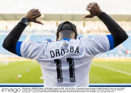 AUG 22, 2015 : A Montreal Impact fan wears a Didier Drogba 11 jersey prior to a MLS Fussball Herren USA game between the Philadelphia Union and the Montreal Impact at the Saputo Stadium in Montreal, Quebec, Canada. SOCCER: AUG 22 MLS - Union at Impact Icon15082201 EDITORIAL USE ONLY