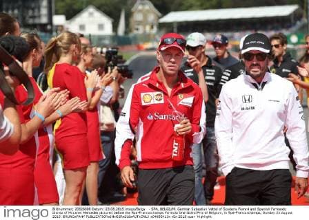 - SPA, BELGIUM: German Sebastian Vettel of Scuderia Ferrari and Spanish Fernando Alonso of McLaren Mercedes pictured before the Spa-Francorchamps Formula One Grand Prix of Belgium, in Spa-Francorchamps, Sunday 23 August 2015. BRUNOxFAHY  x04685413x