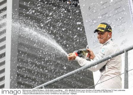 - SPA, BELGIUM: British Lewis Hamilton of Mercedes AMG Petronas F1 Team celebrates after the Spa-Francorchamps Formula One Grand Prix of Belgium, in Spa-Francorchamps, Sunday 23 August 2015. BRUNOxFAHY  x04685641x