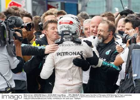 - SPA, BELGIUM: British Lewis Hamilton of Mercedes AMG Petronas F1 Team celebrates after winning the Spa-Francorchamps Formula One Grand Prix of Belgium, in Spa-Francorchamps, Sunday 23 August 2015. BRUNOxFAHY  x04685620x