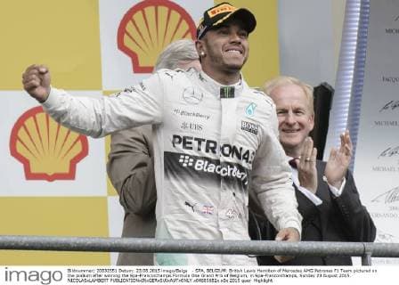 - SPA, BELGIUM: British Lewis Hamilton of Mercedes AMG Petronas F1 Team pictured on the podium after winning the Spa-Francorchamps Formula One Grand Prix of Belgium, in Spa-Francorchamps, Sunday 23 August 2015. NICOLASxLAMBERT  x04685682x