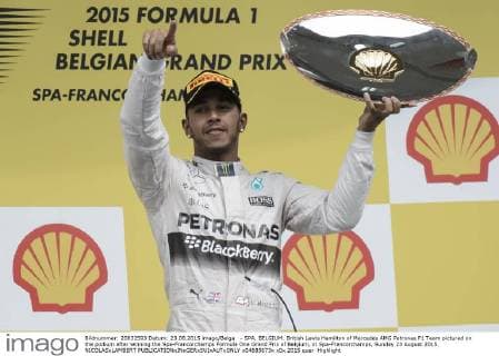 - SPA, BELGIUM: British Lewis Hamilton of Mercedes AMG Petronas F1 Team pictured on the podium after winning the Spa-Francorchamps Formula One Grand Prix of Belgium, in Spa-Francorchamps, Sunday 23 August 2015. NICOLASxLAMBERT  x04685673x