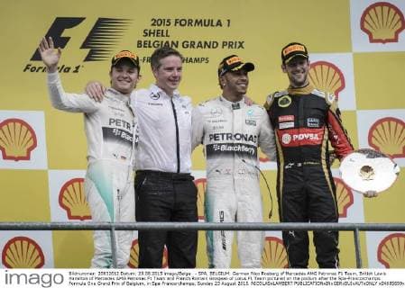 - SPA, BELGIUM: German Nico Rosberg of Mercedes AMG Petronas F1 Team, British Lewis Hamilton of Mercedes AMG Petronas F1 Team and French Romain Grosjean of Lotus F1 Team pictured on the podium after the Spa-Francorchamps Formula One Grand Prix of Belgium, in Spa-Francorchamps, Sunday 23 August 2015. NICOLASxLAMBERT  x04685659x