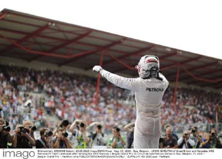 Aug. 23, 2015 - Spa, Belgium - LEWIS HAMILTON of Great Britain and Mercedes AMG Petronas F1 Team celebrates after winning the 2015 Formula 1 Belgian Grand Prix at Circuit de Spa-Francorchamps in Spa, Belgium. F1 2015 - Belgian Grand Prix - Hamilton wins - ZUMAg147