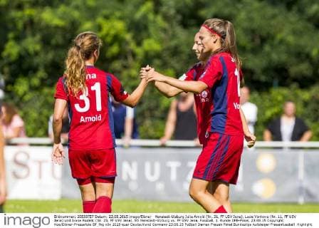 Henstedt-Ulzburg Julia Arnold (Nr. 31, FF USV Jena), Lucie Vonkova (Nr. 11, FF USV Jena) und Ivana Rudelic (Nr. 25, FF USV Jena). SV Henstedt-Ulzburg vs. FF USV Jena, Fussball, 1. Runde DFB-Pokal, 23.08.15 Copyright: Koe Eibner-Pressefoto EP_fkg