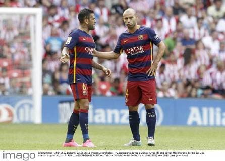 FC Barcelona Barca s Daniel Alves (l) and Javier Mascherano during La Liga match. August 23,2015.  (2015082305)