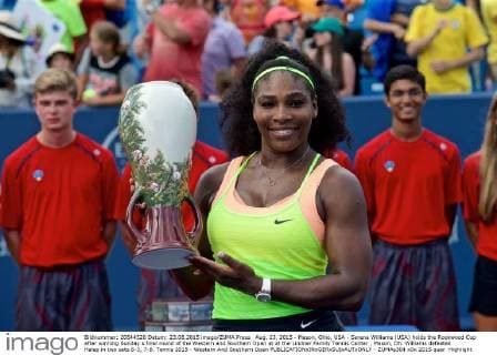 Aug. 23, 2015 - Mason, Ohio, USA - Serena Williams (USA) holds the Rookwood Cup after winning Sunday s final round of the Western and Southern Open at at the Lindner Family Tennis Center , Mason, Oh. Williams defeated Halep in two sets 6-3, 7-6. Tennis 2015 - Western And Southern Open - ZUMAs304