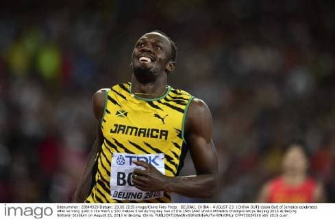 BEIJING, CHINA - AUGUST 23: (CHINA OUT) Usain Bolt of Jamaica celebrates after winning gold in the Men s 100 metres final during day two of the 15th IAAF World Athletics Championships Beijing 2015 at Beijing National Stadium on August 23, 2015 in Beijing, China.  CFP471824588 