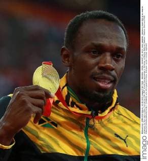 BEIJING, CHINA. AUGUST 24, 2015. Gold medalist, Jamaica s Usain Bolt at an awards ceremony for the men s 100m final at the 15th IAAF World Championships in Athletics, at Beijing National Stadium. Vladimir Smirnov TASS  TS00B302