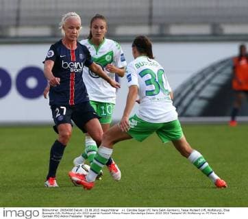 v.l. Caroline Seger (FC Paris Saint-Germain), Tesse Wullaert (VfL Wolfsburg), Elise Bussaglia (VfL Wolfsburg)