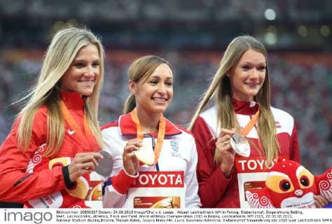 Aktuell Leichtathletik WM in Peking, Siebenkampf, Siegerehrung Beijing, IAAF, Leichtathletik, athletics, Track and Field, World athletics Championships 2015 in Beijing, Leichtathletik WM 2015, 22-30.08.2015, National Stadium Beijing,Brianne Theisen-Eaton, Jessica Ennis-Hill, Laura Ikauniece-Adminina, Siebenkampf Siegerehrung